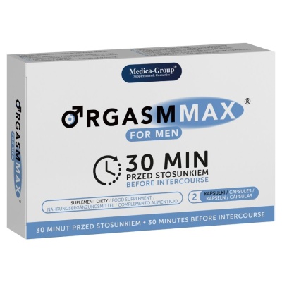 Embalagem branca e azul de suplemento alimentar ORGASMAX para homens