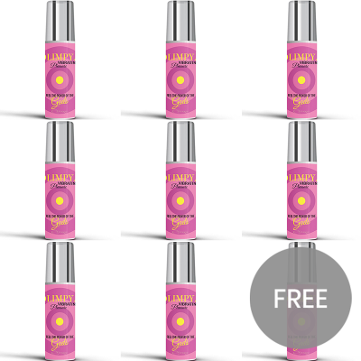 Frascos de spray rosa com tampa prateada e etiqueta escrita OLIMPY VIBRATIN Pleasure