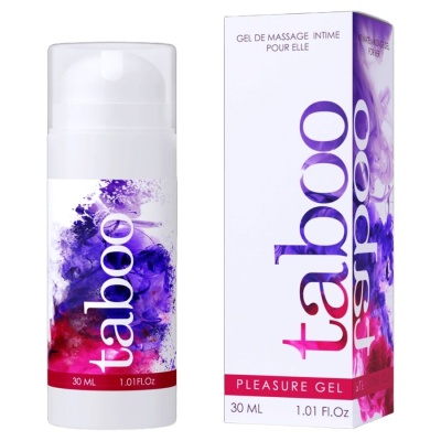Frasco e caixa do gel de massagem íntima Taboo com design roxo e rosa