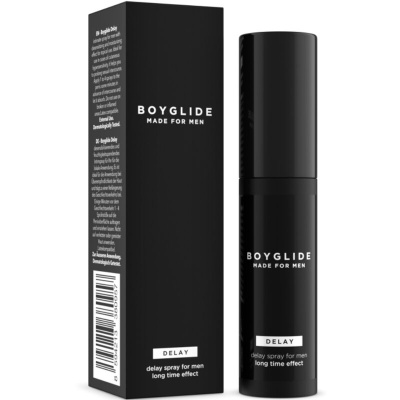 Spray de atraso para homens em embalagem preta com texto branco BOYGLIDE