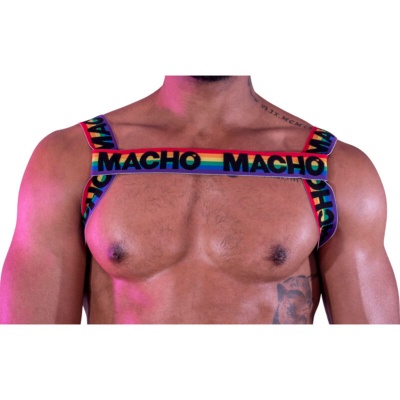 Arnês masculino com tiras coloridas arco-íris e texto MACHO
