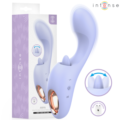 Vibrador lilás multifunções com embalagem roxa e branca da marca intense