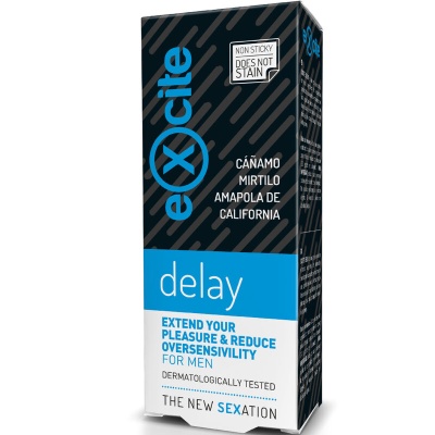 Embalagem do produto excite delay com texto em inglês e espanhol em fundo preto, azul e branco