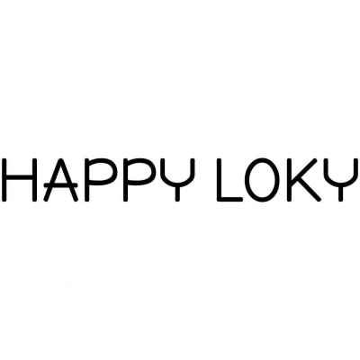 Texto preto 'HAPPY LOKY' em fundo branco