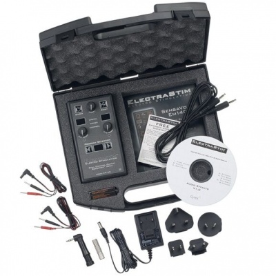 Kit eletroestimulador ELECTRASTIM com controlador, cabos, adaptadores, manual e CD em mala preta