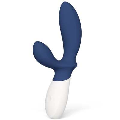 Vibrador azul e branco com duas extremidades e superfície lisa