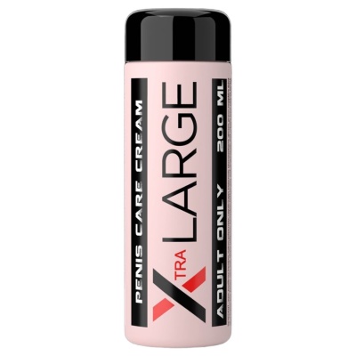 Frasco rosa com tampa preta de creme para cuidado do pénis com textos em preto e vermelho