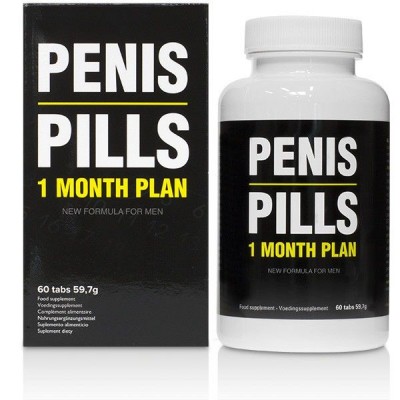 Frasco branco e caixa negra de suplementos alimentares PENIS PILLS 1 MONTH PLAN