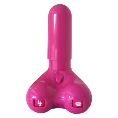 Joystick rosa de plástico com dois botões na base, um com número 4 e outro com símbolo de beijo