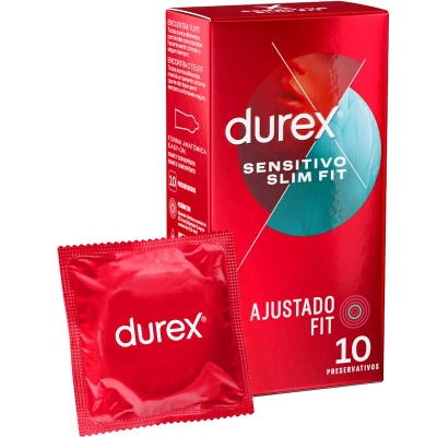 Embalagem vermelha da Durex Sensitivo Slim Fit com preservativo individual
