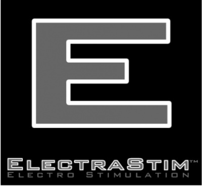 Logótipo cinza 'E' e texto ElectraStim sobre fundo preto