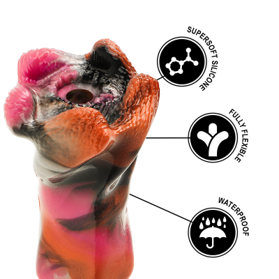 Produto de silicone colorido com textura interna detalhada e etiquetas de características