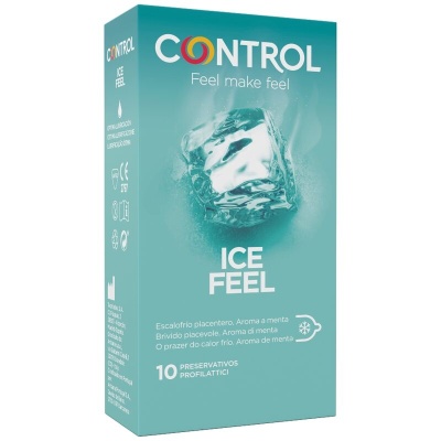 Embalagem azul e verde de preservativos Control Ice Feel com imagem de cubo de gelo