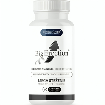 frasco branco de suplemento alimentar Big Erection com texto em polaco e inglês