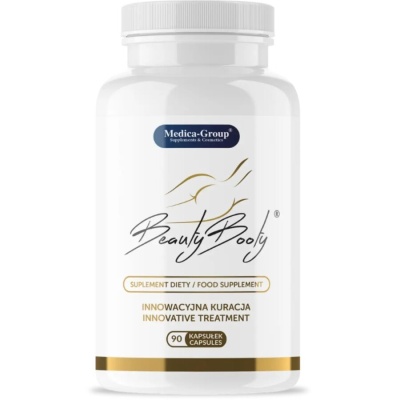 Frasco branco de suplemento alimentar Beauty Booty da Medica-Group com texto em polaco e inglês