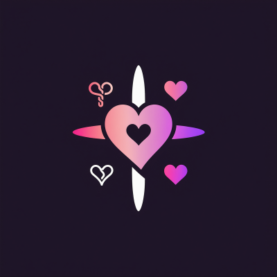 Coração rosa e roxo com setas e corações menores em fundo preto