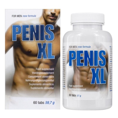 Suplemento alimentar PENIS XL para homens com imagem de torso masculino e indicações na embalagem