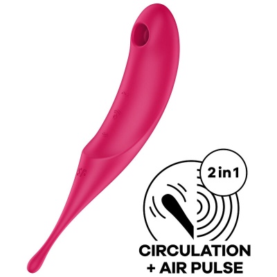 Vibrador cor-de-rosa com formato curvo e texto '2in1 CIRCULATION + AIR PULSE'