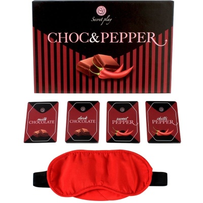 Conjunto de chocolates e venda de olhos vermelha com embalagem preta e vermelha CHOC & PEPPER.