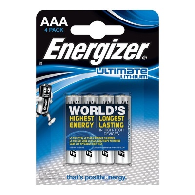 Pack de 4 pilhas AAA Energizer Ultimate Lithium com embalagem preta, branca e azul