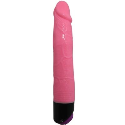 Vibrador cor-de-rosa anatómico com base preta e roxo em fundo branco
