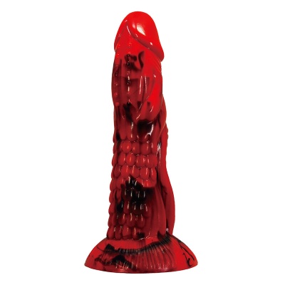 Objeto de silicone vermelho com detalhes pretos e textura de escalas