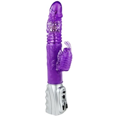 Vibrador roxo translúcido com textura e extensão em forma de coelho com base prateada e botões.