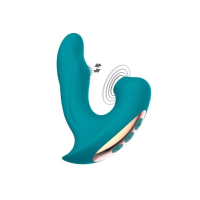 Vibrador azul de silicone com botões de controlo e acabamento dourado