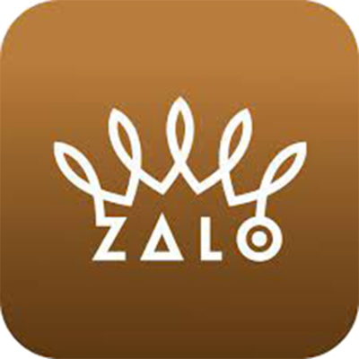 Logótipo branco com coroa estilizada e palavra ZALO sobre fundo castanho