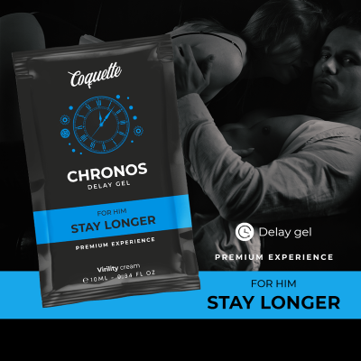 Embalagem preta do gel delay Coquette Chronos com texto em azul e branco e casal abraçado no fundo.