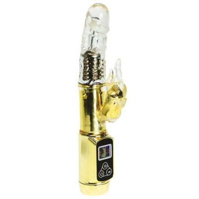 Vibrador dourado com parte superior transparente e controlo digital