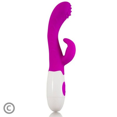 Vibrador roxo com base branca e textura ondulada