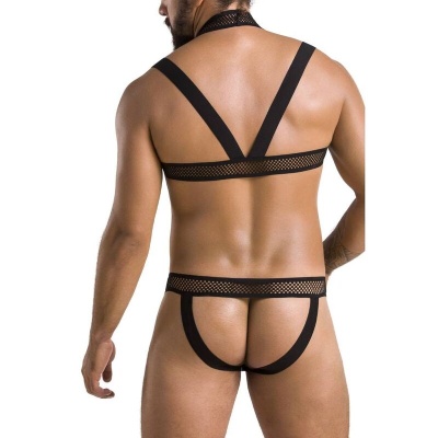 Lingerie masculina preta em malha rede vista de costas