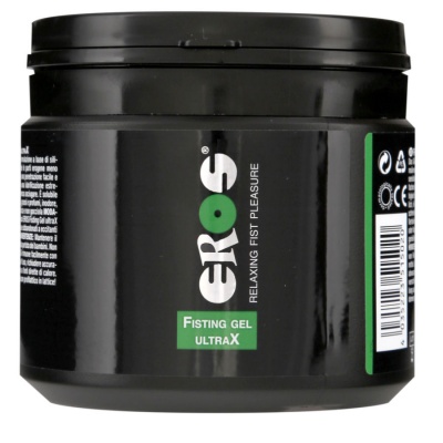Frasco preto com rótulo EROS Fisting Gel ULTRAX