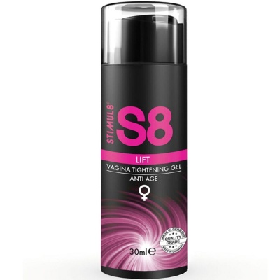 Frasco de gel vaginal preto com texto rosa e branco