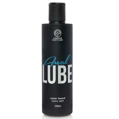 Frasco preto de lubrificante anal à base de água, 250ml, com texto em branco e azul