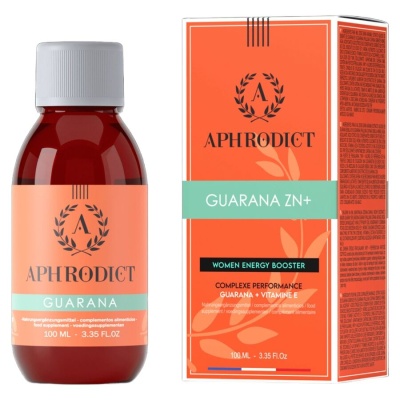 Frasco e caixa do suplemento alimentar APHRODICT Guarana, 100 ml, embalagem laranja e verde