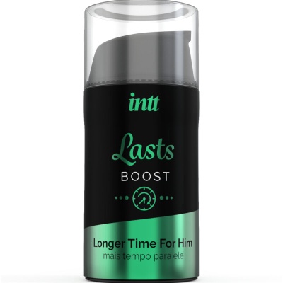 Frasco preto e verde do produto intt Lasts Boost com tampa transparente