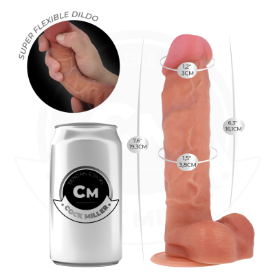 Dildo flexível cor pele com dimensões ao lado de lata prateada CM Cock Miller