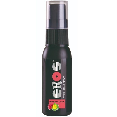 Frasco negro de spray estimulante ERÓS com tampa transparente e rótulo com texto ARNICA & CLOVE e flores