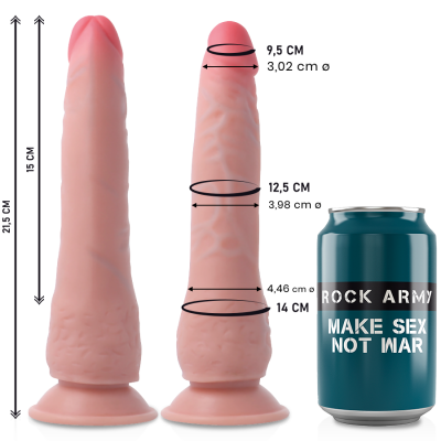 Dois dildos rosa claro com medidas e lata azul com texto 'ROCK ARMY MAKE SEX NOT WAR'
