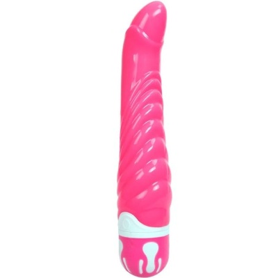 Vibrador rosa com textura espiral e base branca com detalhe rosa