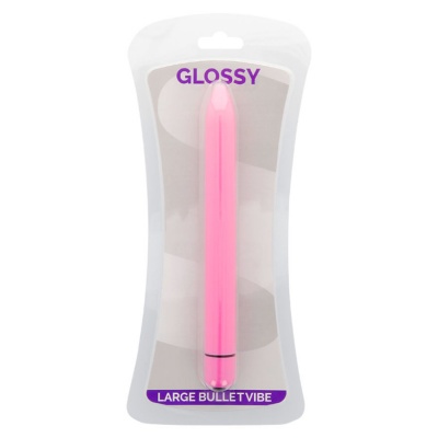 Vibrador bullet rosa em embalagem plástica com texto GLOSSY e LARGE BULLET VIBE