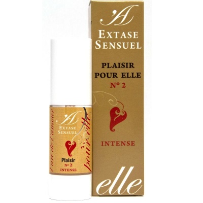 Frasco e caixa de cosmético Extase Sensuel dourado com texto e coração vermelho.