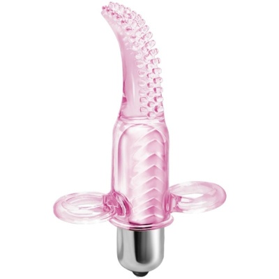 Vibrador rosa translúcido com textura e base metálica