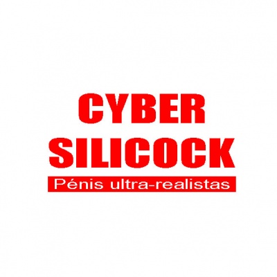 Texto em vermelho 'CYBER SILICOCK Pénis ultra-realistas' em fundo branco