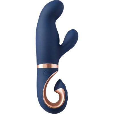 Vibrador azul escuro com detalhes em cobre metálico e punho ergonómico