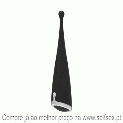 Vibrador feminino preto com base prateada e texto promocional em português.