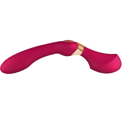 Vibrador ergonómico rosa e dourado em silicone com forma curva