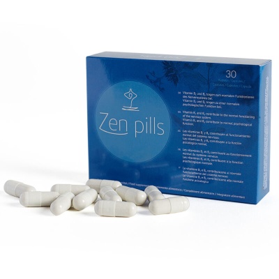 Embala azul de Zen pills com cápsulas brancas translúcidas